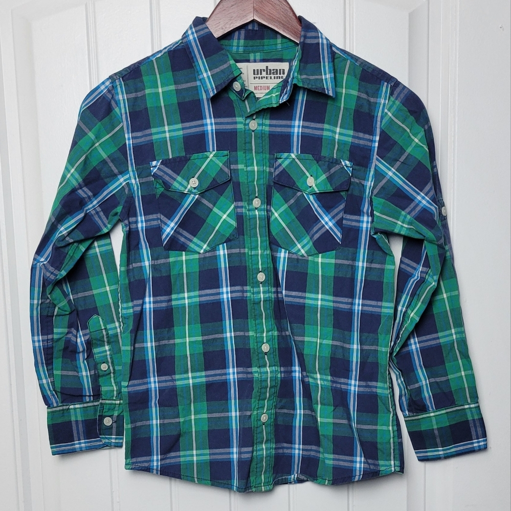 Urban Pipeline Blue And Green Plaid Button Down Shirt